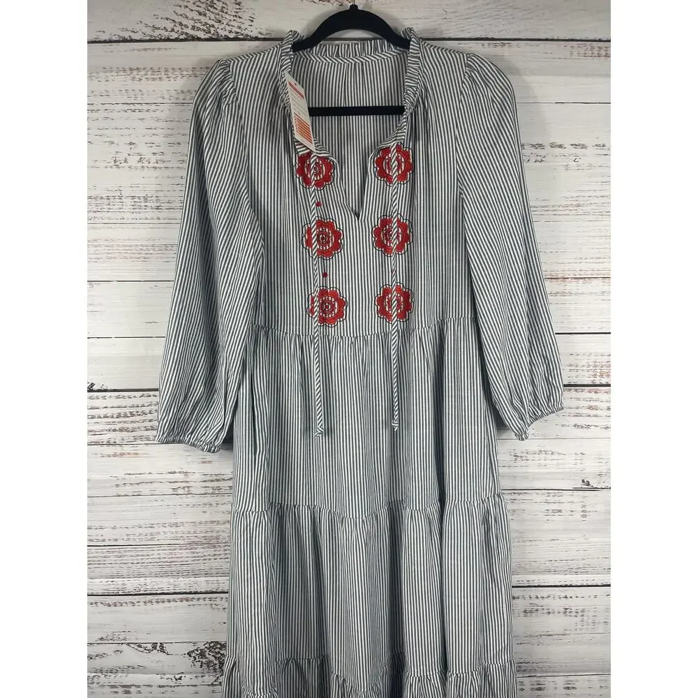 New Collection Dress Womens Small Blue Stripe Embroidered Floral Boho Swing Maxi - Picture 2 of 10